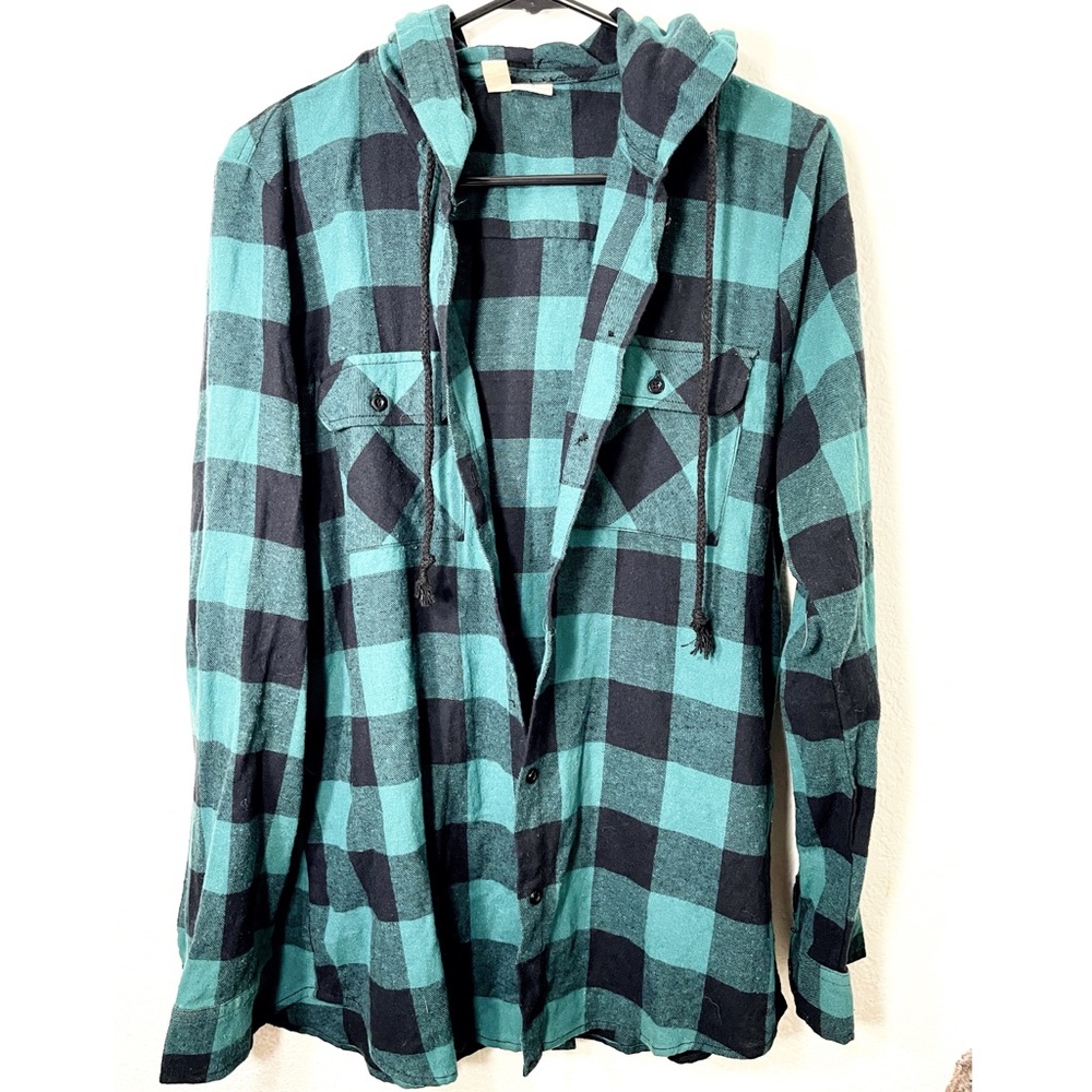 Sky and Sparrow Green & Black Hooded Flannel Shirt (Size M)